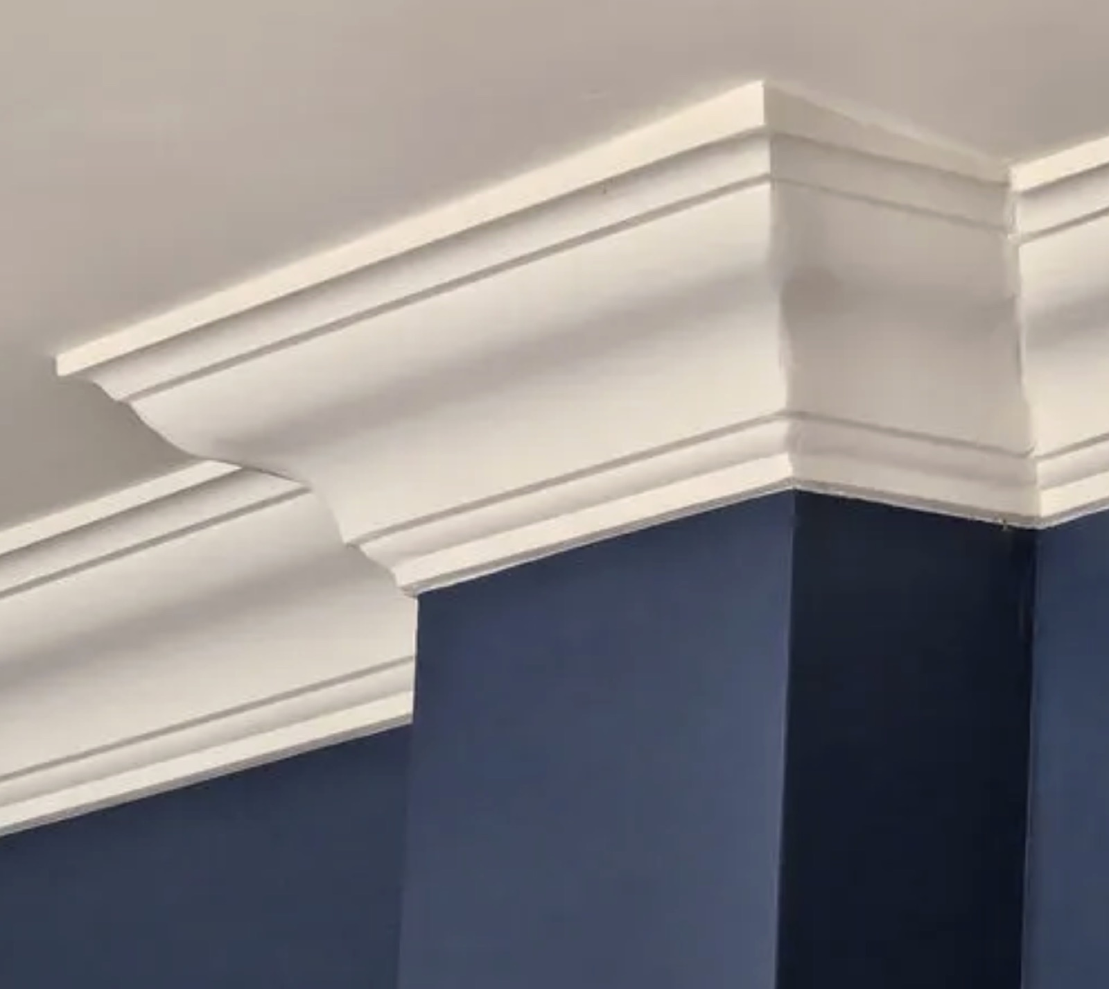 White cornice cut in cleanly against a deep navy wall, mitred at the corner